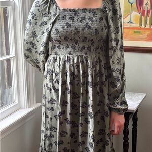 GAP Gray and Green Long Sleeve Sundress with Bishop Sleeves
